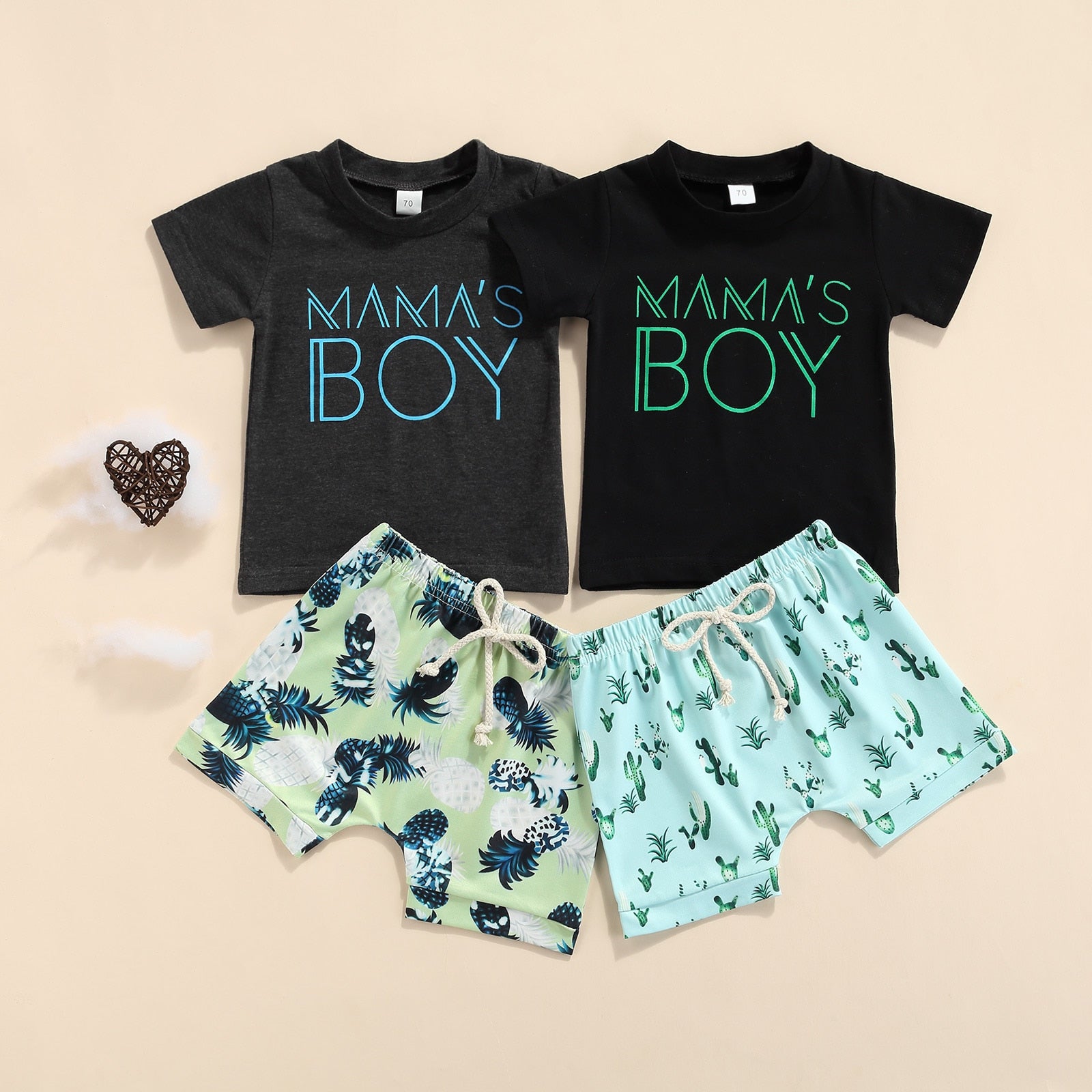 Summer Baby/ Toddler Boys Mint Beach Short Sleeve Top +Cactus/Pineapple Pattern Short sets