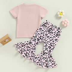 Children Girls Groovy Print Short Sleeve T-shirts+Leopard Print Flare Long Pants