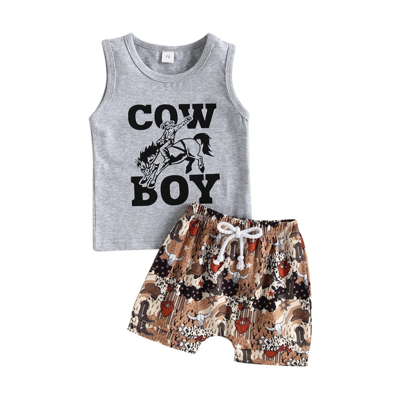 NEW Summer Toddler Kids Boys Clothing Sets Cattle Sleeveless Tanks Tops+Cattle Cactus Bottoms