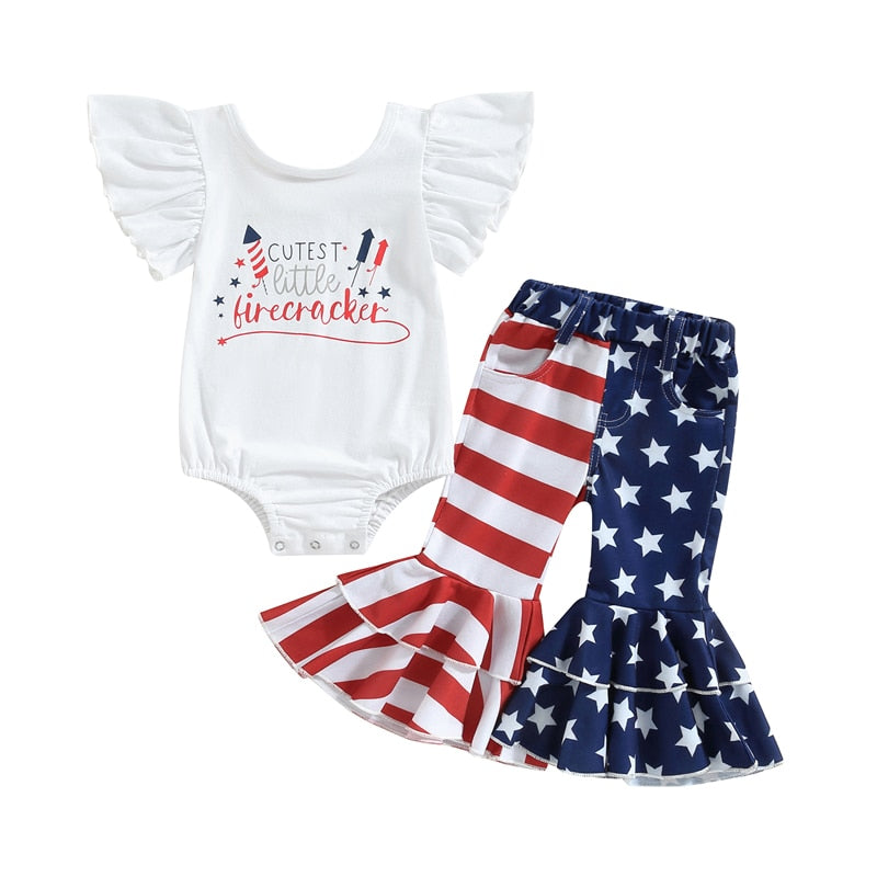 Independence Day Baby Girls Clothes Romper Star Stripe Print Layer Ruffles Flare Pants Outfit