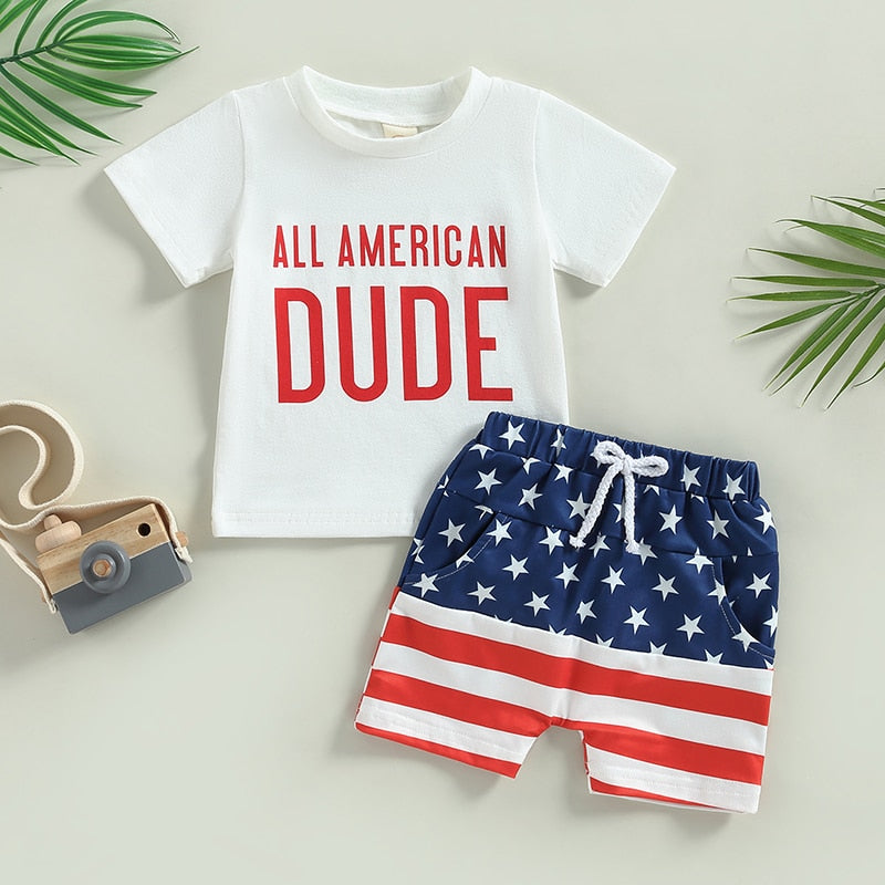 Independence Day Toddler Boys Stars Stripes Short Sleeve T-shirts Casual Elastic Shorts Sets