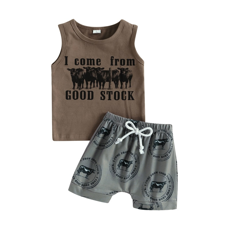 NEW Summer Toddler Kids Boys Clothing Sets Cattle Sleeveless Tanks Tops+Cattle Cactus Bottoms