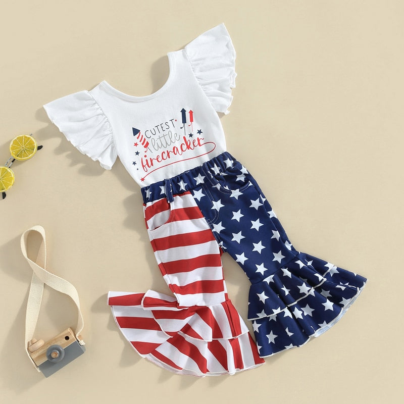 Independence Day Baby Girls Clothes Romper Star Stripe Print Layer Ruffles Flare Pants Outfit
