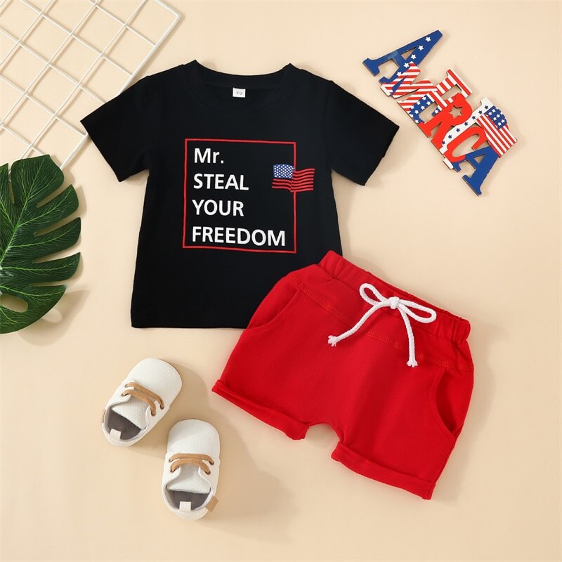 Independence Day Boys Summer Fashion Short Sleeve T-shirts+Shorts Set
