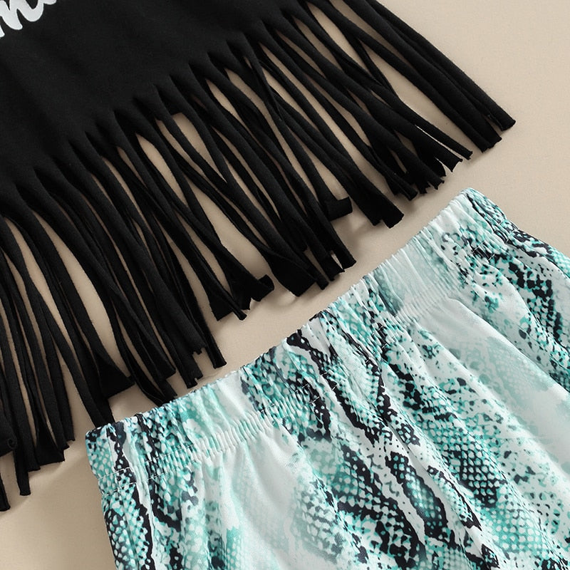 Fashion Toddler Kids Baby/ Girls Summer Sets Black Short Sleeve Tassel T-shirts+Snakeskin Flare Pants+Headwear 3pc