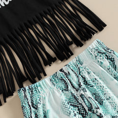 Fashion Toddler Kids Baby/ Girls Summer Sets Black Short Sleeve Tassel T-shirts+Snakeskin Flare Pants+Headwear 3pc