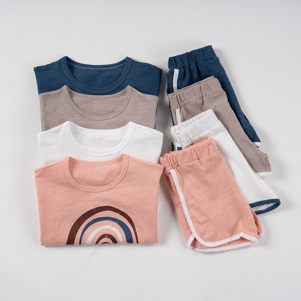 Boys/ Girls 2pcs Animated Print Casual Muslin Kids  T-shirt+ Shorts set