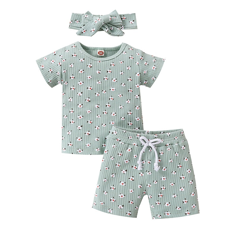 Lovely Little Girls Breathable 3pc Floral Sets Print Knitted Short Sleeve T-shirts+Shorts+Headband