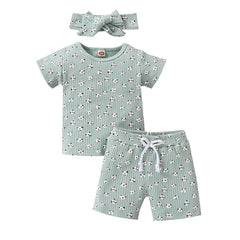 Lovely Little Girls Breathable 3pc Floral Sets Print Knitted Short Sleeve T-shirts+Shorts+Headband