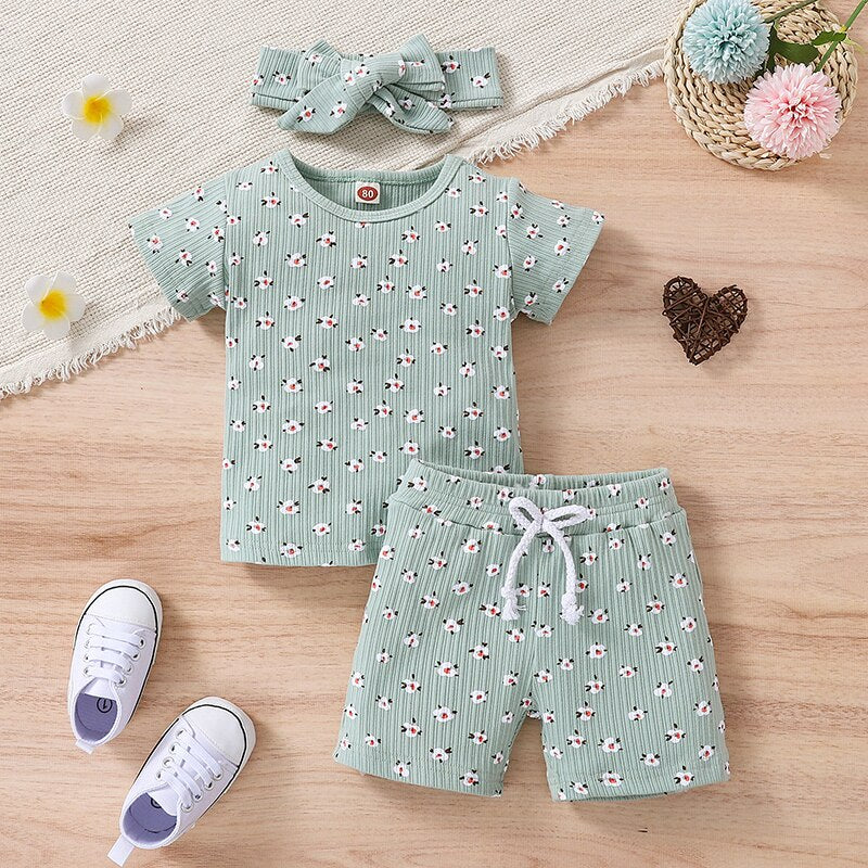 Lovely Little Girls Breathable 3pc Floral Sets Print Knitted Short Sleeve T-shirts+Shorts+Headband