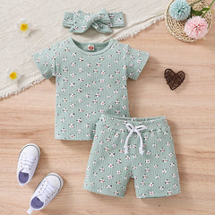 Lovely Little Girls Breathable 3pc Floral Sets Print Knitted Short Sleeve T-shirts+Shorts+Headband