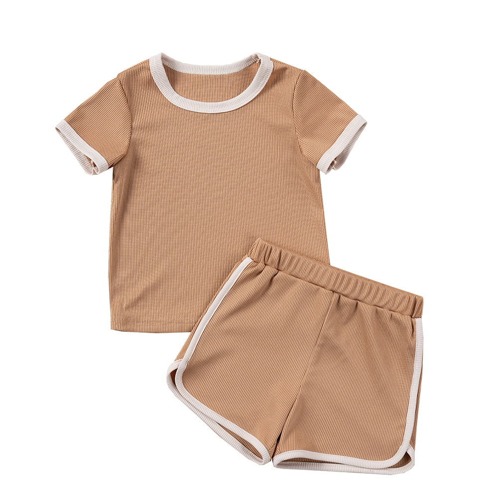 NEW! Children's Ribbed Solid Neutrals Boys Girls Everyday Casual T-shirts+Shorts Clothes Sets