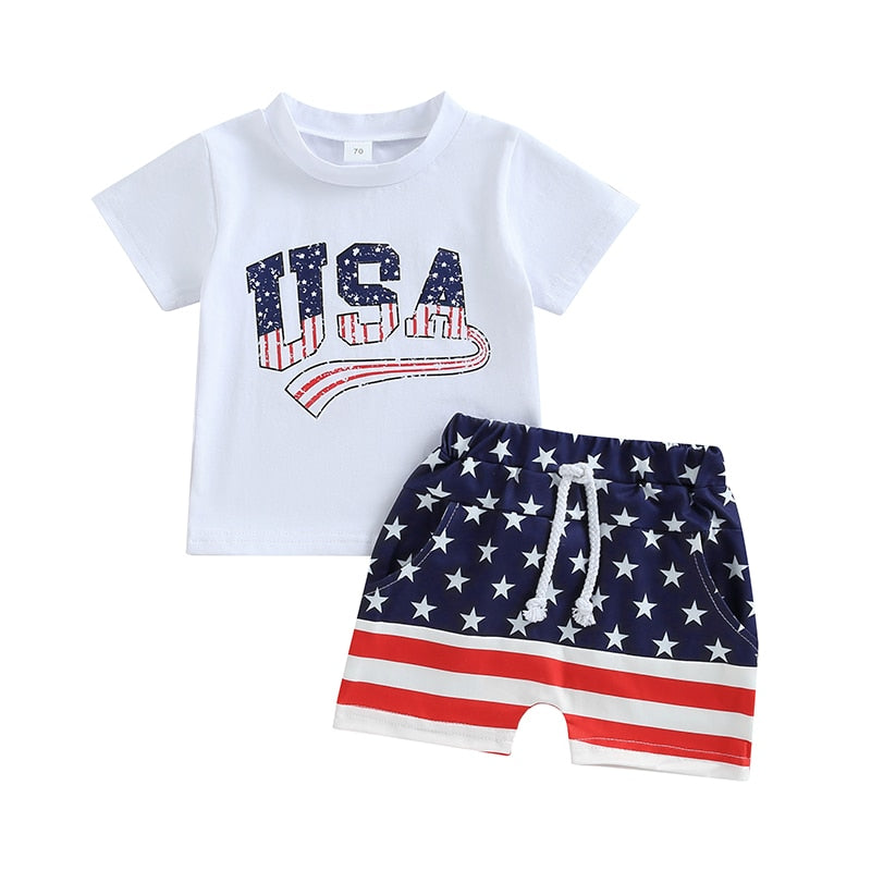 Independence Day Toddler Boys Stars Stripes Short Sleeve T-shirts Casual Elastic Shorts Sets