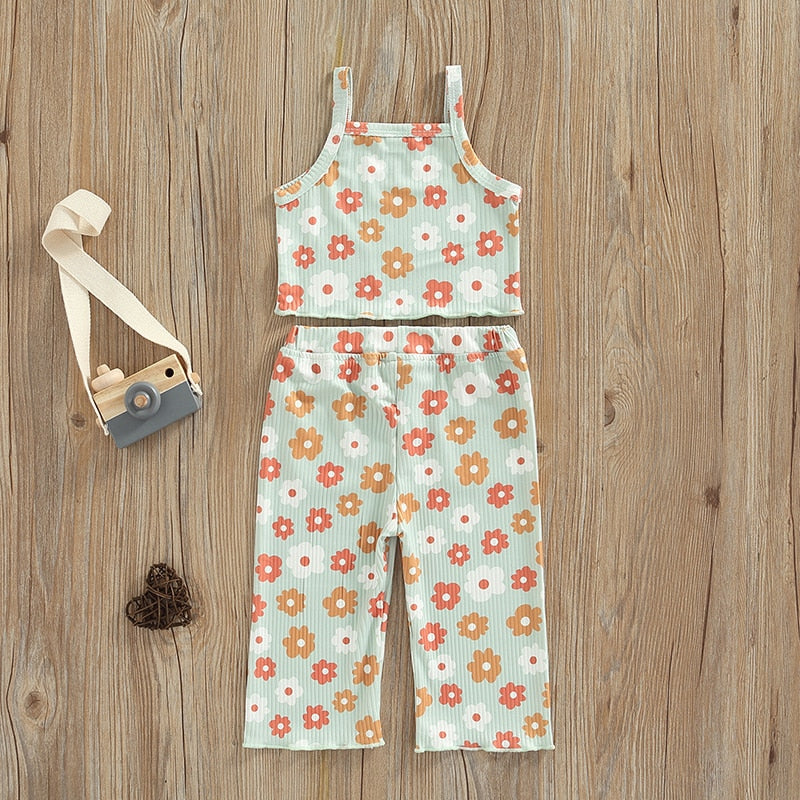 NEW Girls Floral Print Ribbed Summer Sets Tank Tops+Elastic Waist Pants