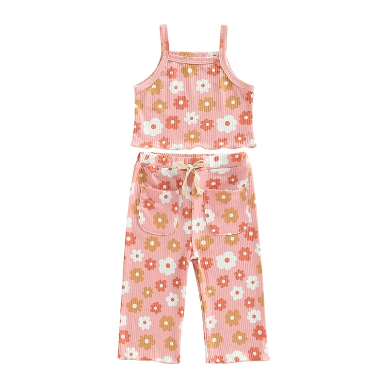 NEW Girls Floral Print Ribbed Summer Sets Tank Tops+Elastic Waist Pants