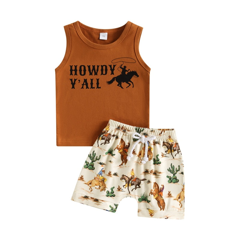 NEW Summer Toddler Kids Boys Clothing Sets Cattle Sleeveless Tanks Tops+Cattle Cactus Bottoms