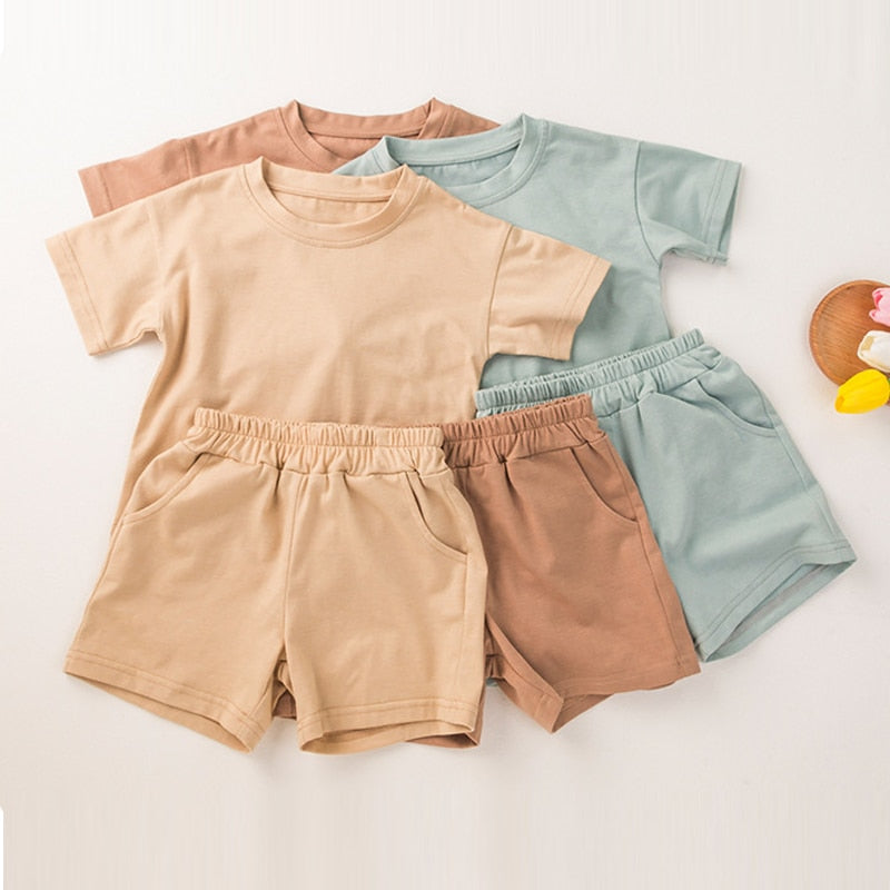 Cozy Kids Matching Everyday Neutrals 2pc Set For Boy/ Girls T-Shirt Shorts