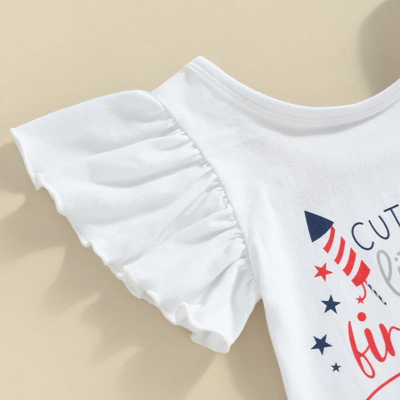 Independence Day Baby Girls Clothes Romper Star Stripe Print Layer Ruffles Flare Pants Outfit