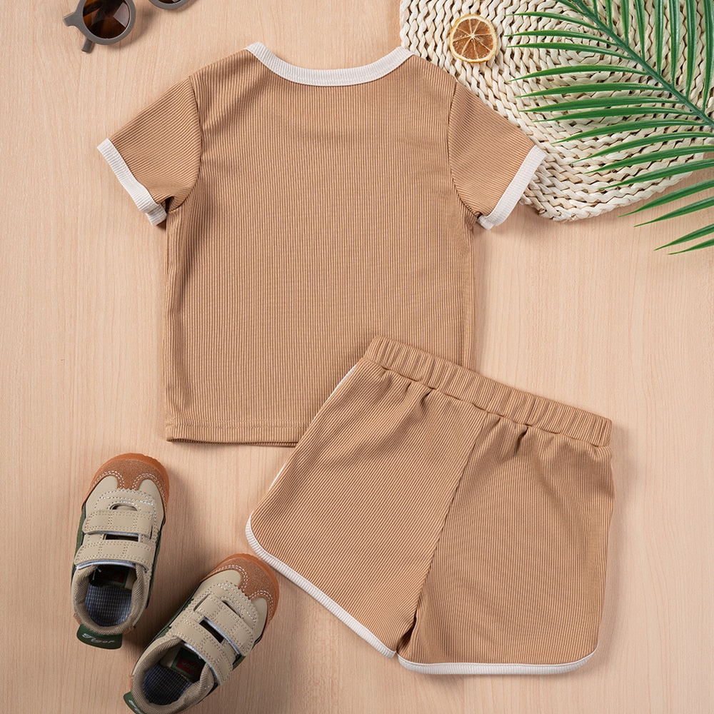 NEW! Children's Ribbed Solid Neutrals Boys Girls Everyday Casual T-shirts+Shorts Clothes Sets