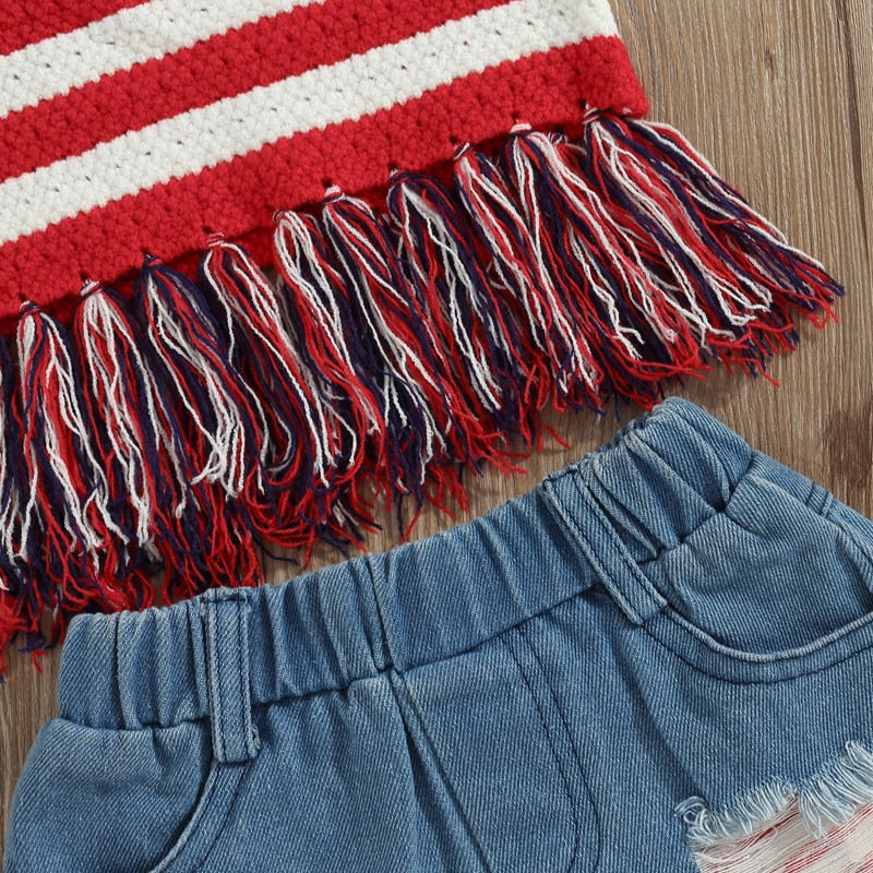 Independence Day Kids/ Toddler Girls Sets Star Stripe Sleeveless Halter Tassel Top+Shorts Set