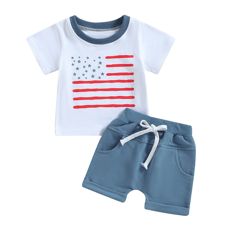 Independence Day Toddler Boys Stars Stripes Short Sleeve T-shirts Casual Elastic Shorts Sets