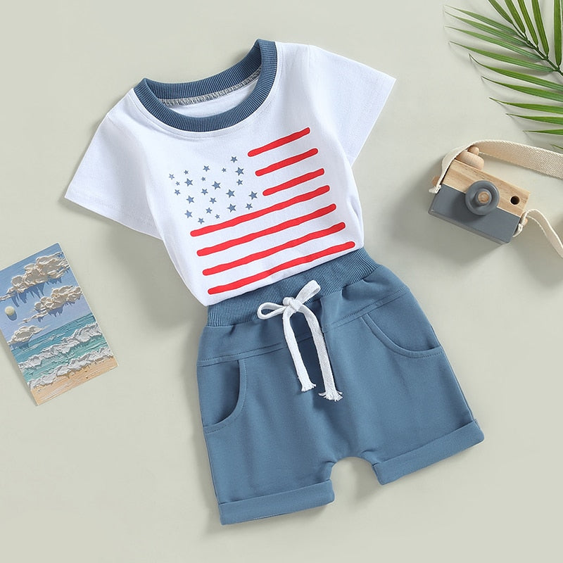 Independence Day Toddler Boys Stars Stripes Short Sleeve T-shirts Casual Elastic Shorts Sets