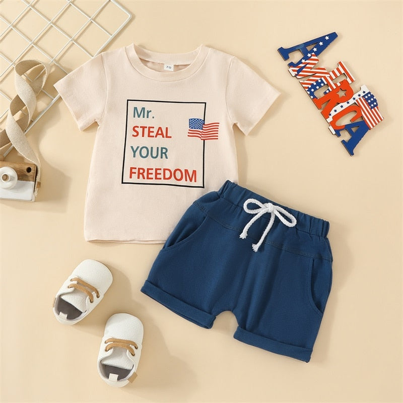 Independence Day Boys Summer Fashion Short Sleeve T-shirts+Shorts Set