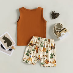NEW Summer Toddler Kids Boys Clothing Sets Cattle Sleeveless Tanks Tops+Cattle Cactus Bottoms