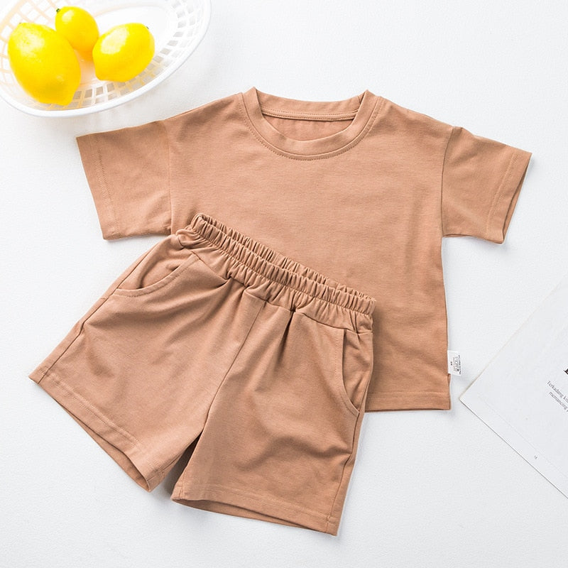 Cozy Kids Matching Everyday Neutrals 2pc Set For Boy/ Girls T-Shirt Shorts