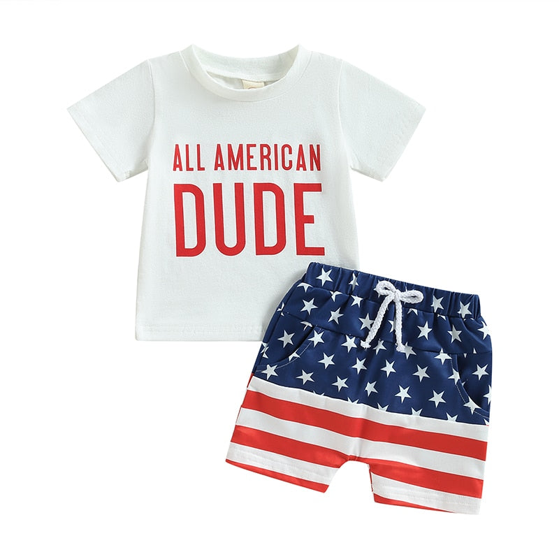 Independence Day Toddler Boys Stars Stripes Short Sleeve T-shirts Casual Elastic Shorts Sets