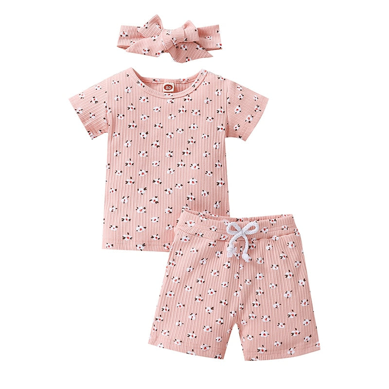 Lovely Little Girls Breathable 3pc Floral Sets Print Knitted Short Sleeve T-shirts+Shorts+Headband