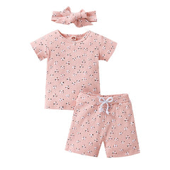 Lovely Little Girls Breathable 3pc Floral Sets Print Knitted Short Sleeve T-shirts+Shorts+Headband