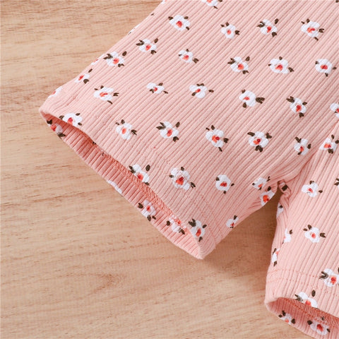Lovely Little Girls Breathable 3pc Floral Sets Print Knitted Short Sleeve T-shirts+Shorts+Headband