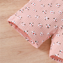 Lovely Little Girls Breathable 3pc Floral Sets Print Knitted Short Sleeve T-shirts+Shorts+Headband