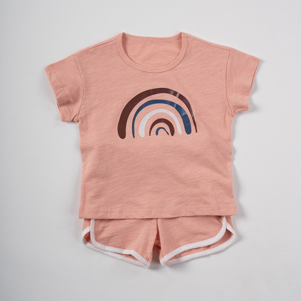 Boys/ Girls 2pcs Animated Print Casual Muslin Kids  T-shirt+ Shorts set