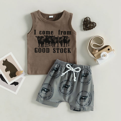 NEW Summer Toddler Kids Boys Clothing Sets Cattle Sleeveless Tanks Tops+Cattle Cactus Bottoms