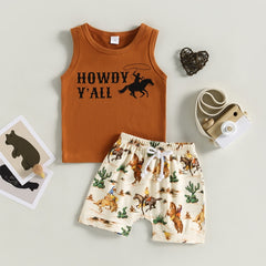 NEW Summer Toddler Kids Boys Clothing Sets Cattle Sleeveless Tanks Tops+Cattle Cactus Bottoms