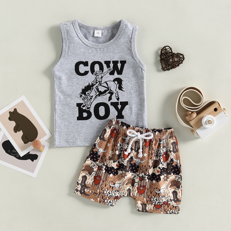 NEW Summer Toddler Kids Boys Clothing Sets Cattle Sleeveless Tanks Tops+Cattle Cactus Bottoms
