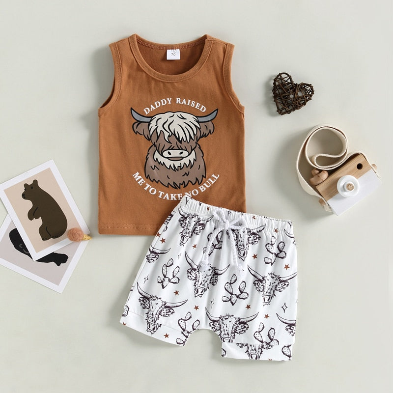 NEW Summer Toddler Kids Boys Clothing Sets Cattle Sleeveless Tanks Tops+Cattle Cactus Bottoms