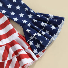 Independence Day Baby Girls Clothes Romper Star Stripe Print Layer Ruffles Flare Pants Outfit