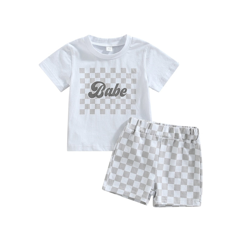 Kids Boys/ Girls Cotton Letter Print Short Sleeve T-shirts+Checkerboard Shorts 2pc Outfits