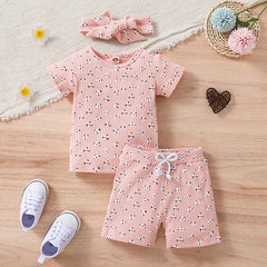Lovely Little Girls Breathable 3pc Floral Sets Print Knitted Short Sleeve T-shirts+Shorts+Headband