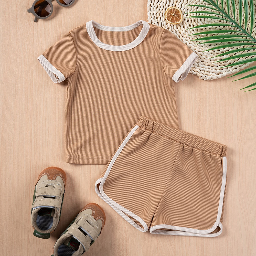 NEW! Children's Ribbed Solid Neutrals Boys Girls Everyday Casual T-shirts+Shorts Clothes Sets