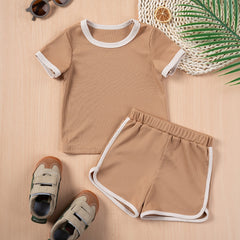 NEW! Children's Ribbed Solid Neutrals Boys Girls Everyday Casual T-shirts+Shorts Clothes Sets
