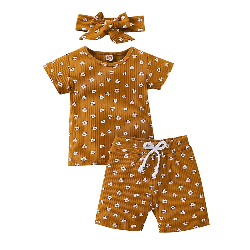 Lovely Little Girls Breathable 3pc Floral Sets Print Knitted Short Sleeve T-shirts+Shorts+Headband