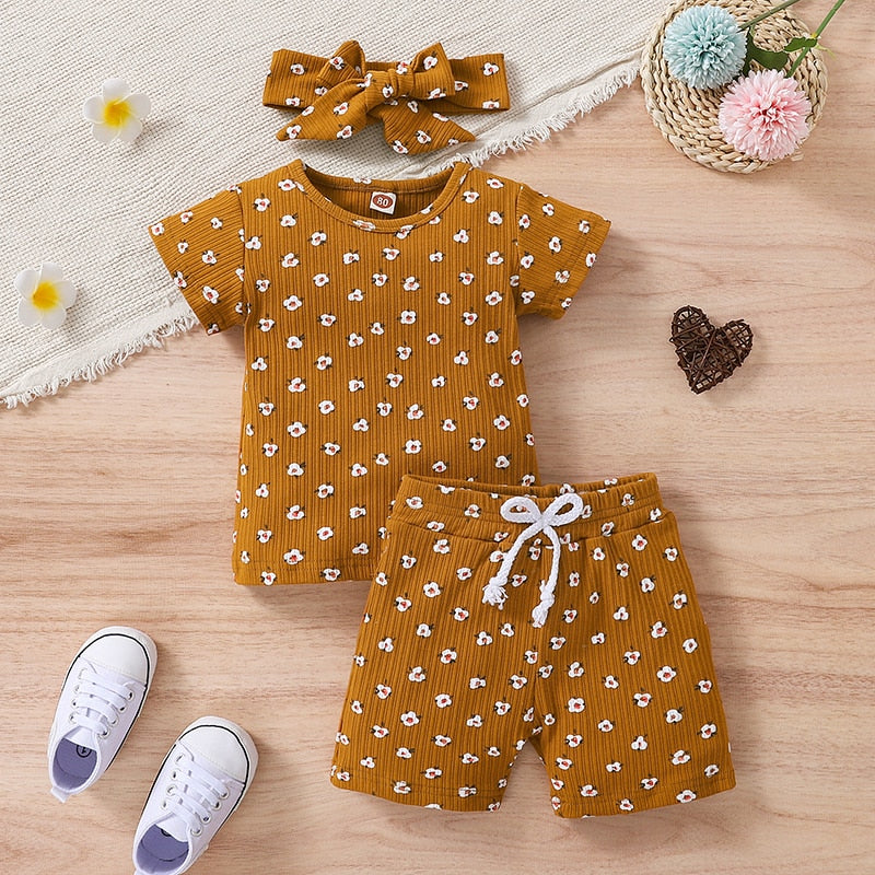 Lovely Little Girls Breathable 3pc Floral Sets Print Knitted Short Sleeve T-shirts+Shorts+Headband