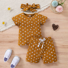 Lovely Little Girls Breathable 3pc Floral Sets Print Knitted Short Sleeve T-shirts+Shorts+Headband