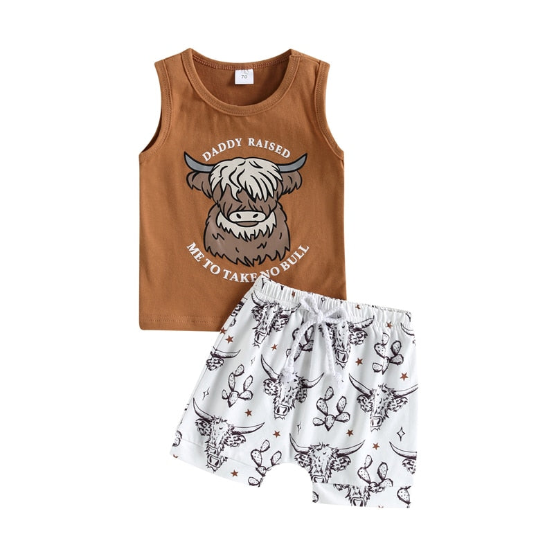 NEW Summer Toddler Kids Boys Clothing Sets Cattle Sleeveless Tanks Tops+Cattle Cactus Bottoms