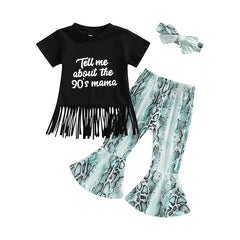 Fashion Toddler Kids Baby/ Girls Summer Sets Black Short Sleeve Tassel T-shirts+Snakeskin Flare Pants+Headwear 3pc