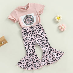 Children Girls Groovy Print Short Sleeve T-shirts+Leopard Print Flare Long Pants